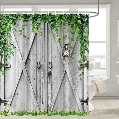 Rustic Wooden Board Barn Door Shower Curtain Sets for Bathroom, Vintage Farmhouse Wooden Theme Plank Green Leaves Bath Curtain, Fabric Grass and Flowers Spring Decoration Curtains with Hooks 72X84IN