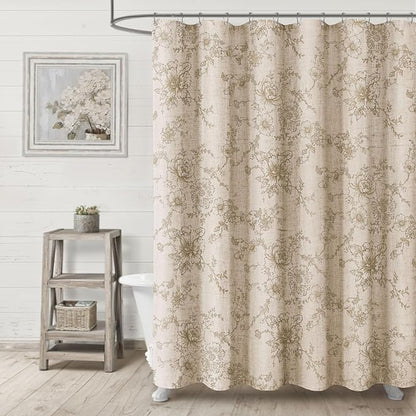 Farmhouse Floral Linen Shower Curtain, Vintage Beige Pattern Rustic Shower Curtains for Bathroom, Tan Taupe,72x72