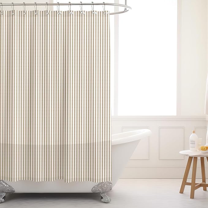 Stripe Cotton Toile Shower Curtain Ticking Stripes Woven Print Curtain Bathroom Decor for Traditional and Contemporary Style Kitchen Bath Home (Brown and White,72 x 72 Inches,Stripe)