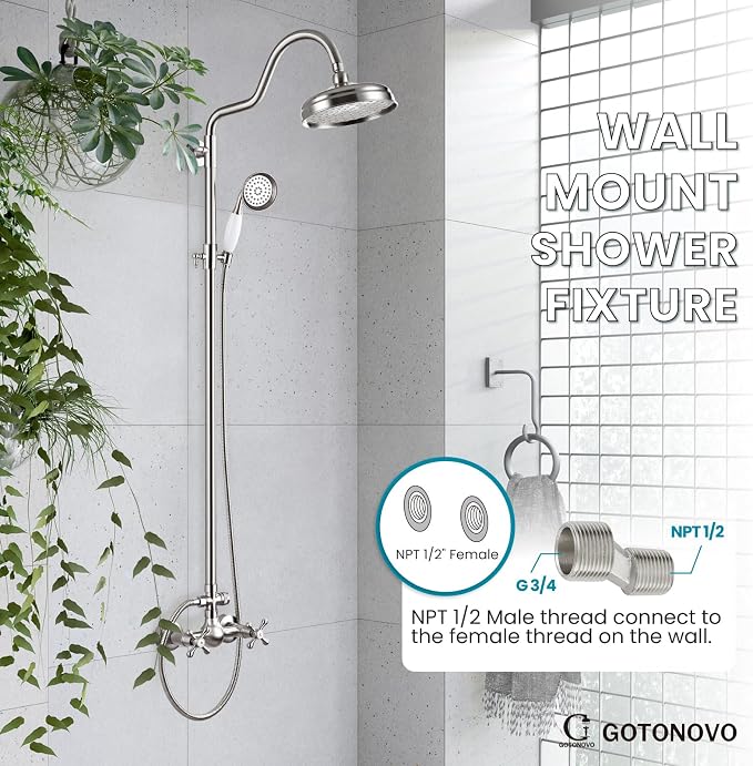 gotonovo Exposed Shower Faucet Set Luxury,Brushed Nickel,Curved Arc Rod | Bathroom 8” Shower Head with Handheld Spray System Fixtures,Vintage Two Cross Handle,Wall Mount,for 5-6.7" Hole,Adjust Height