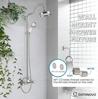 gotonovo Exposed Shower Faucet Set Luxury,Brushed Nickel,Curved Arc Rod | Bathroom 8” Shower Head with Handheld Spray System Fixtures,Vintage Two Cross Handle,Wall Mount,for 5-6.7" Hole,Adjust Height
