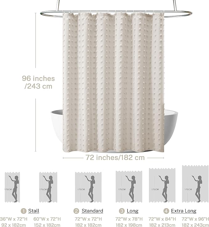Extra Long Beige Boho Shower Curtain Woven Fabric Cute Shower Curtain, 72 x 96 Tufted Pleat Floral Puffs Textured Modern Farmhouse Minimalist Shower Curtain Set with Hooks for Bathroom