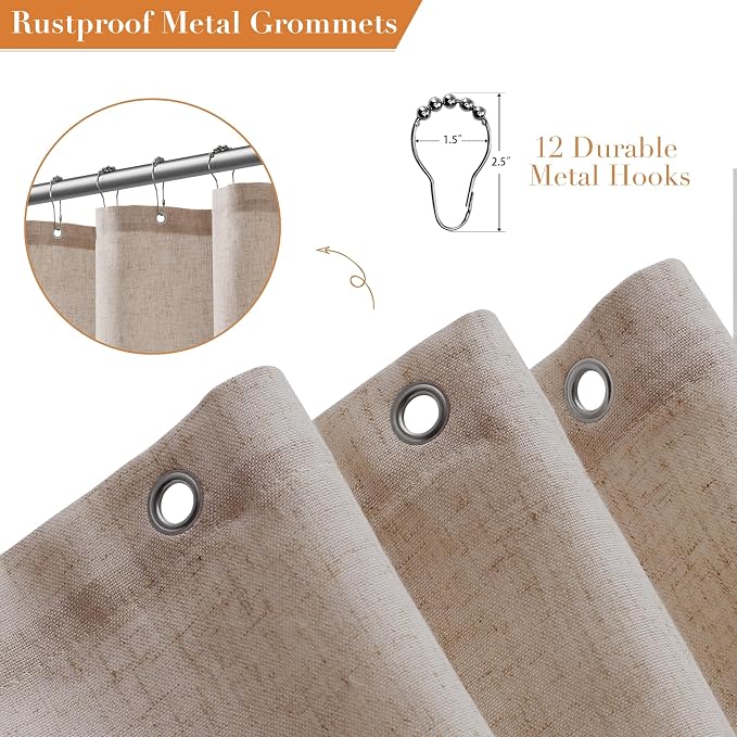 Extra Long Linen Shower Curtain for Bathroom 80 Inch Sand Beige | Weighted Fabric Bath Curtains with Hooks, Water Repellent, Neutral Boho Farmhouse, Simple Luxury Shower Decor, 1 Panel, 72x80