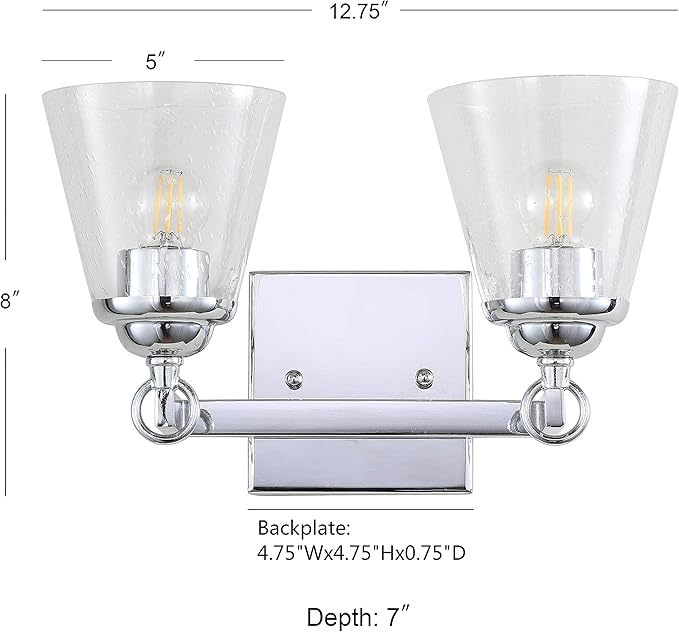 JONATHAN Y 12.75" Chrome Marion 2-Light Vanity Light Wall Sconce for Bathroom Decor, Clear Seeded Glass Shade, Reversible Hardwired Lamp for Mirror Hallway, LED Bulb (JYL7433A)