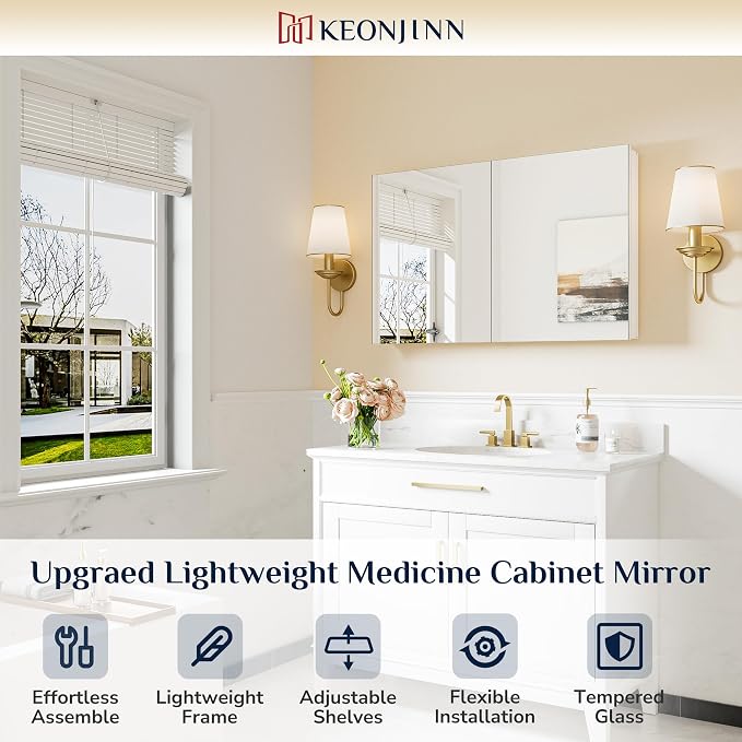 Keonjinn 40"x 26" White Bathroom Medicine Cabinet Mirror, Tempered Glass | Effortless Assembly, Lightweight, Wall-mounted or Recessed, Adjustable Shelves, Soft Close, Bathroom Mirror with Storage