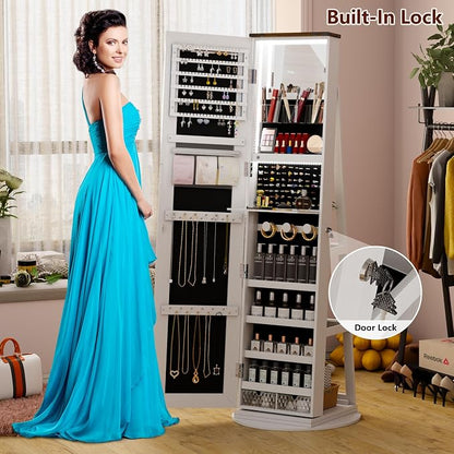 61" LED Mirror Jewelry Cabinet, 360° Rotating Jewelry Armoire with Full Length Mirror, Lockable Standing Jewelry Organizer with 2 Drawers, Interior Makeup Mirror, White