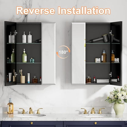 26x30 Inch Medicine Cabinet with Mirror, Aluminum Bathroom Mirror Cabinet, Beveled Edge Mirrored Double Door, Adjustable Shelves, Surface or Recessed Mount Mirrors with Storage,Black