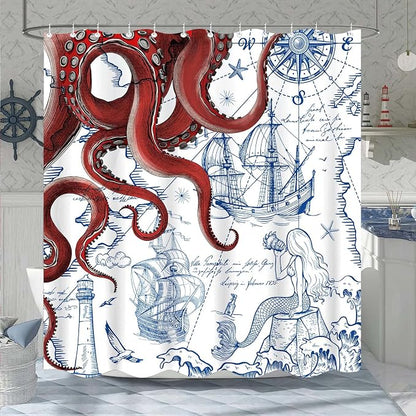 Fungarth 84 Inch Extra Long Red Nautical Octopus Shower Curtain Navy Blue Mermaid Funny Ocean Kraken Shower Curtains for Bathroom Anchor Coastal Map Waterproof Fabric Bath Curtain (Red, 72” x 84”)