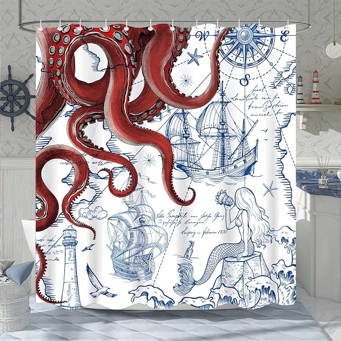 Fungarth Red Nautical Octopus Shower Curtain Navy Blue Mermaid Funny Ocean Kraken Shower Curtains for Bathroom Cool Anchor Coastal Map Waterproof Fabric Bath Curtain Decor with Hooks (Red, 72” x 72”)