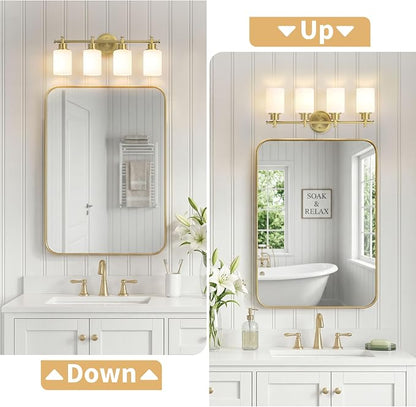 4-Light Brushed Gold Bathroom Vanity Light, Modern Vanity Lights, 23 Inch | 23'' Vanity Light Over Mirror with White Glass Shades, E26 Base Bathroom Wall Light Fixtures for Bathroom Hallway Living Room