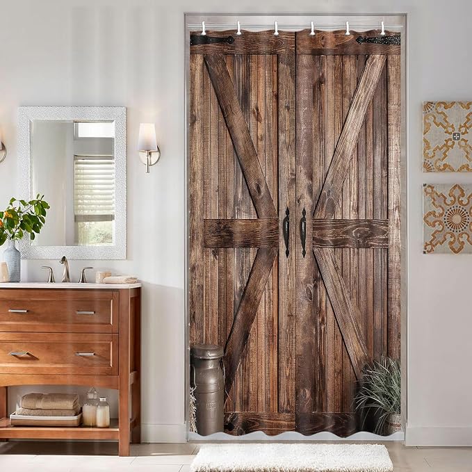 Small Size Rustic Barn Door Shower Curtain for Bathroom, Retro Countryside Wood Board Bathroom Decor Curtain Sets,Art Vintage Famhouse Western Bath Curtains RV Shower Curtains with Hooks 36X70IN