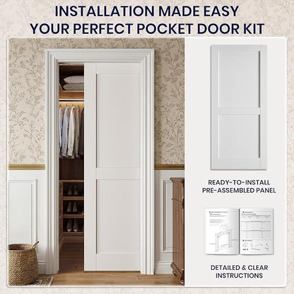 SMARTSTANDARD 32" x 80" Sliding Pocket Interior Door, Solid Core Door Slab | 2-Panel Pre-Assembled Door Slab with Soft Close Pocket Door Frame Kit, Easy Install, Durable and Smooth
