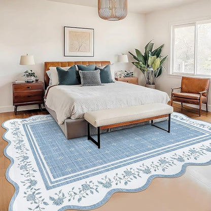 Garvee Washable Rugs for Living Room 8x10 Area Rugs Scalloped Rug Blue | Modern Bordered Non Slip Large Kids Bedroom Carpet Indoor Stain Resistant Floor Cover for Bedroom Dining Room Office Nursery