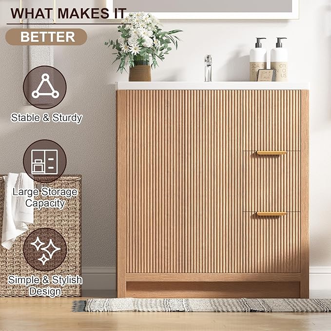 Bathroom Vanity with Sink, 32 Inch Single Bathroom Vanity with Sink with Storage Cabinet, 2 Drawers & 2 Doors, Solid Wood Storage Cabinet with Ceramic Basin for Bathroom, Nature Oak