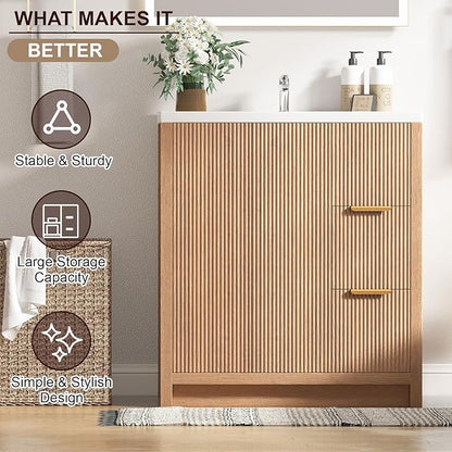 Bathroom Vanity with Sink, 32 Inch Single Bathroom Vanity with Sink with Storage Cabinet, 2 Drawers & 2 Doors, Solid Wood Storage Cabinet with Ceramic Basin for Bathroom, Nature Oak
