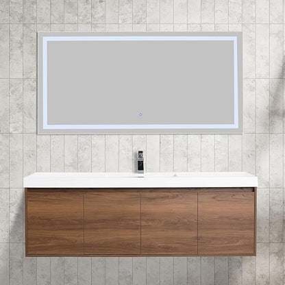Blossom 60 Inch Bathroom Vanity with Sink, Wall Mounted Floating Bathroom Vanity Cabinet with Acrylic Sink, All Wood Soft Close Doors and Storage, Space Saving Design, Brown Walnut Finish