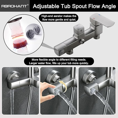 RBROHANT Exposed Shower System with Tub Spout, Brushed Nickel Exposed Pipe Shower Faucet with 3 Functions Brass Shower Valve, Shower Height Adjustable, Wall Mounted