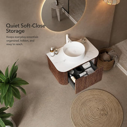 30 Inch Bathroom Vanity with Sink, Floating Wall Mounted Single Sink Vanity, Dark Walnut Curved Fluted Front, Stone Top, Pure White Round Vessel Basin, Pre-Assembled