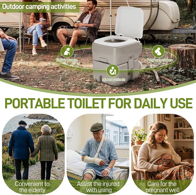 Outdoor Portable Toilet, 5.3 Gallon Waste Tank | Porta Potty with Pressure Pump Double Outlet Leak-proof Clips for Camping Travel RV Boat Truck