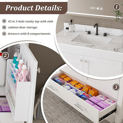 Montary 42" Bathroom Vanity with 43" Artificial Marble Carrara White Top, Modern Stylish MDF Bathroom Storage Cabinet, Vanity Set with 2 Doors and One Large Divided Drawer, White (Three Holes)