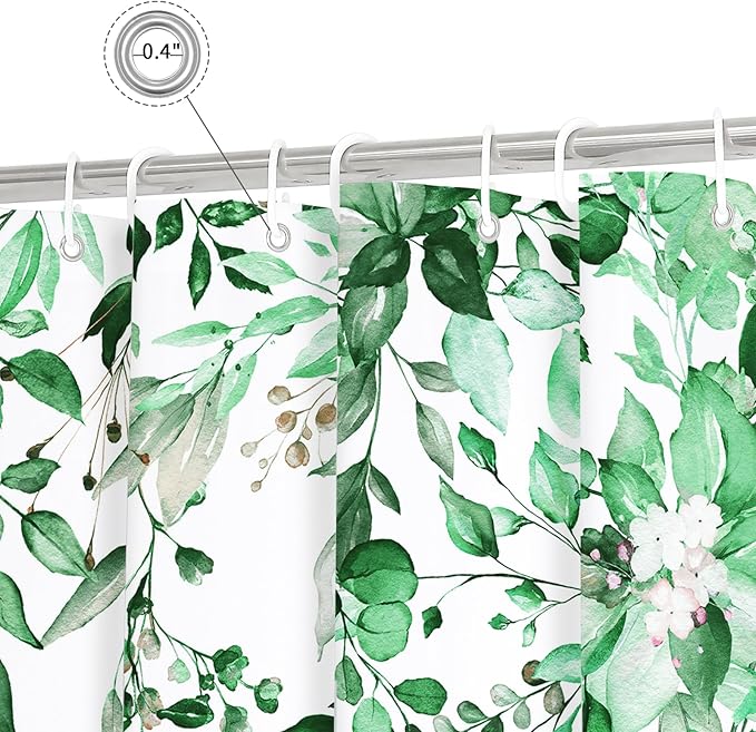 Emerald Green Eucalyptus Shower Curtain, Floral Print, 72x84 | Watercolor Plant Leaves Floral Print, Waterproof Fabric Bathroom Decor, Machine Washable, Rustproof Grommets