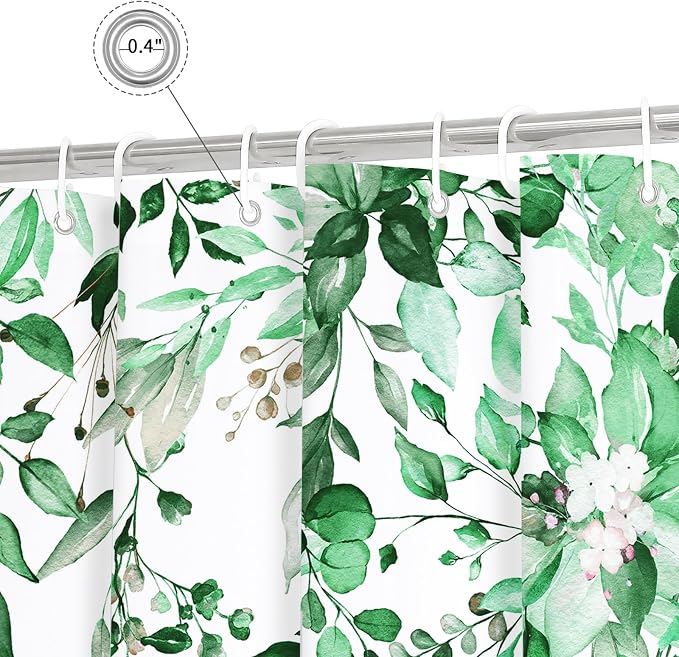 Emerald Green Eucalyptus Shower Curtain, Floral Print, 72x72 | Watercolor Plant Leaves Floral Print, Waterproof Fabric Bathroom Decor, Machine Washable, Rustproof Grommets