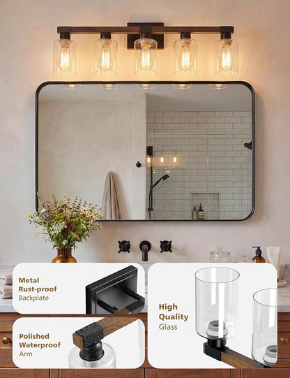 VOLISUN Farmhouse Bathroom Vanity Light Fixtures, 5 Light,UL Certificated | 5 Light Bathroom Vanity Lights Over Mirror, Rustic Vanity Light for Bathrooms,Wood Bathrooms Lights Fixtures Over Mirror