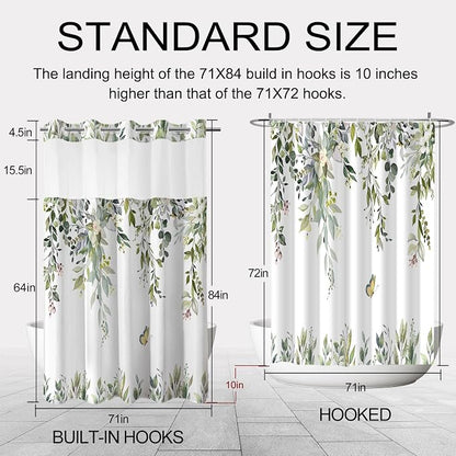 No Hook Shower Curtain and Liner Set, Sage Green Eucalyptus 71x84 | Floral Design, with Snap in Liner, Waterproof, Machine Washable, Quick-Drying, for Hotel Bathroom