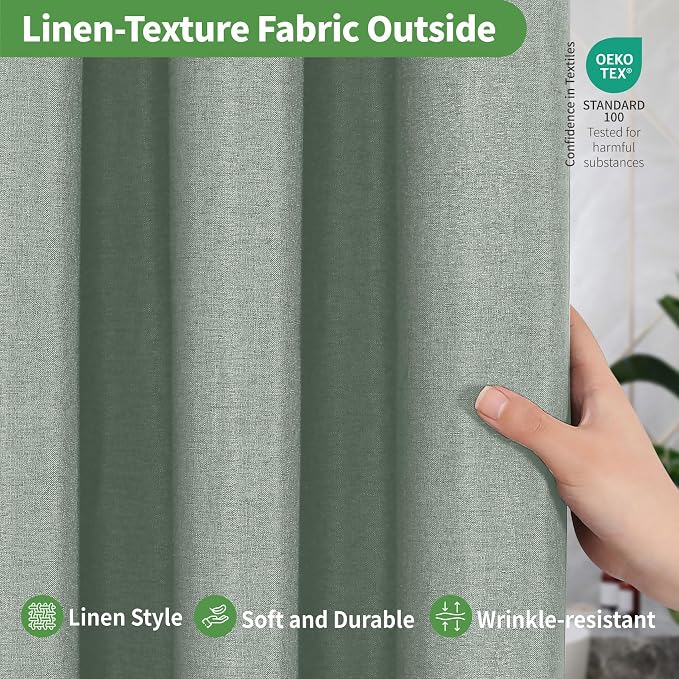 Extra Long No Hooks & No Liner Needed Fabric Shower Curtain,71x86,SageGreen | Linen Texture,100% Waterproof TPU Laminated Layer,Bottom Magnets,Machine Washable,Hotel Style Bathroom Curtain For Shower,Tub