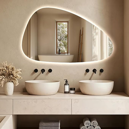 Niccy Irregular LED Bathroom Mirror, Frameless Backlit Wall Mirror, 24"x40" | Asymmetrica Lighted Mirror for Bedroom Living Room, Modern Smart-Mirror with 3 Color Lighting, Anti-Fog, Memory Function