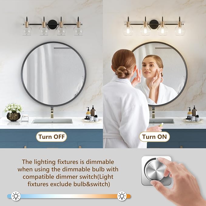 4 Lights Bathroom Vanity Light Fixtures Over Mirror Modern | Wall Sconce,Black & Brushed Cooper,Globe Glass Shade,E26 Base,UL Certified,Anti-Rust,Damp Rated,Bathroom Bedroom Living Room