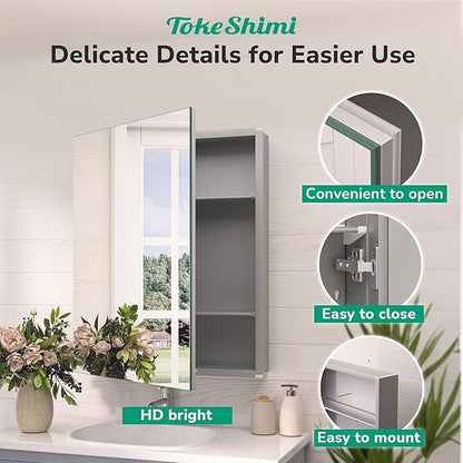 TokeShimi 20x32 Bathroom Cabinet Mirror Tempered, Aluminum Silver Recessed Medicine Cabinet with Mirror Frameless Stepless Adjustable Shelf, Surface Mount Medicine Cabinet for Bathroom