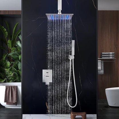 Aolemi Ceiling Shower Faucet Set with Handheld 12" LED Head Polish Chrome | Handheld Spray,12 Inch Rain LED Head,Shower Valve and Trim Kit,All Metal,Ceiling System,Bathroom Mixer