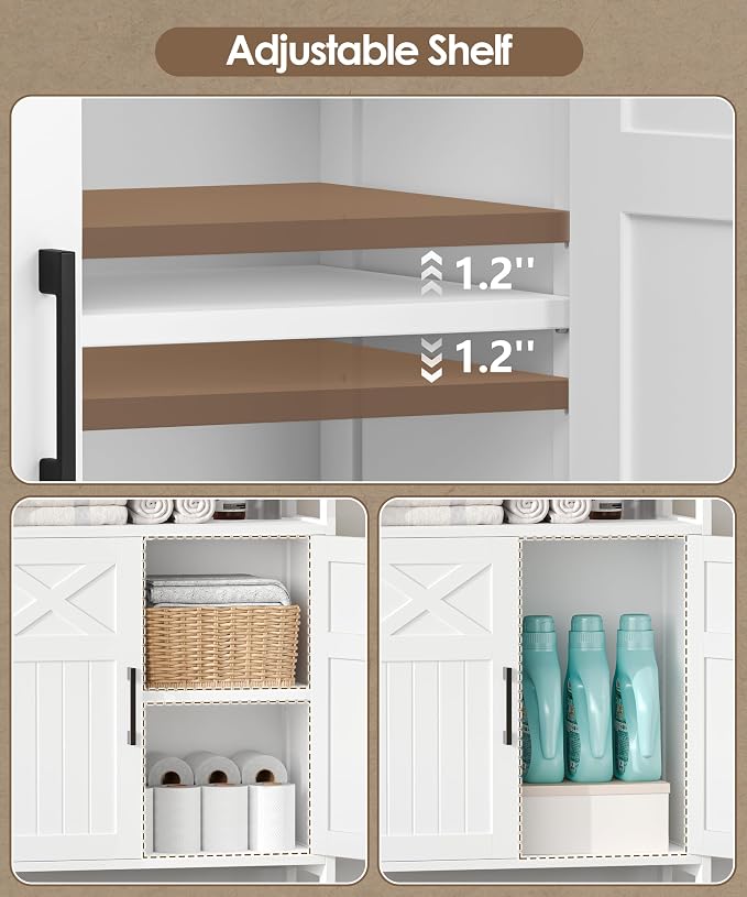Akxomel Farmhouse Bathroom Storage Cabinet Open Shelf 2 Doors White | 11.8" D x 23.6" W Small Bathroom Cabinet with Adjustable Shelf, Toilet Paper Cabinet for Kitchen, Living Room, Laundry Room