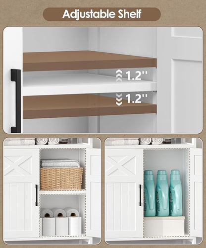 Akxomel Farmhouse Bathroom Storage Cabinet Open Shelf 2 Doors White | 11.8" D x 23.6" W Small Bathroom Cabinet with Adjustable Shelf, Toilet Paper Cabinet for Kitchen, Living Room, Laundry Room