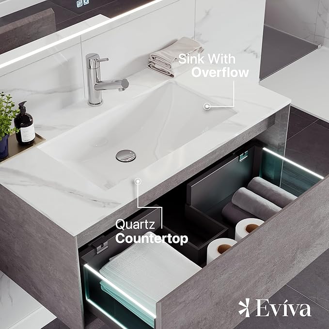 Eviva Aurora 36 in. Concrete Gray Wall Mount Single Sink Bath Vanity with Carrara Quartz Top