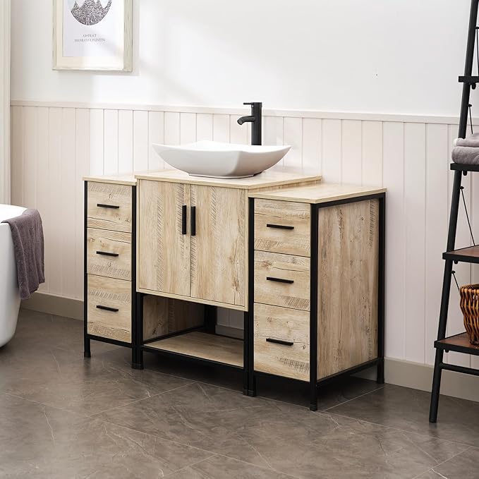 UEV 48" Rustic Oak Bathroom Vanity with Sink Combo,Industrial Iron Frame Bathroom Cabinet Sets with Double 3 Drawers Side Cabinet,Modern Artistic Ceramic Vessel Sink(032WH)