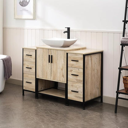 UEV 48" Rustic Oak Bathroom Vanity with Sink Combo,Industrial Iron Frame Bathroom Cabinet Sets with Double 3 Drawers Side Cabinet,Modern Artistic Ceramic Vessel Sink(032WH)