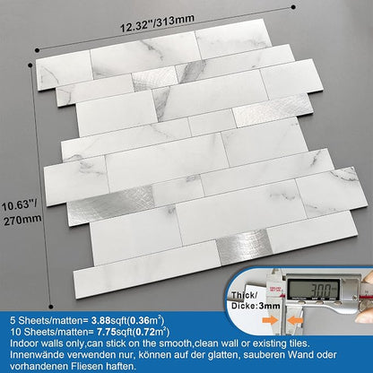 Stone Peel Stick Backsplash Tiles Kitchen Wall White Silver 10pcs