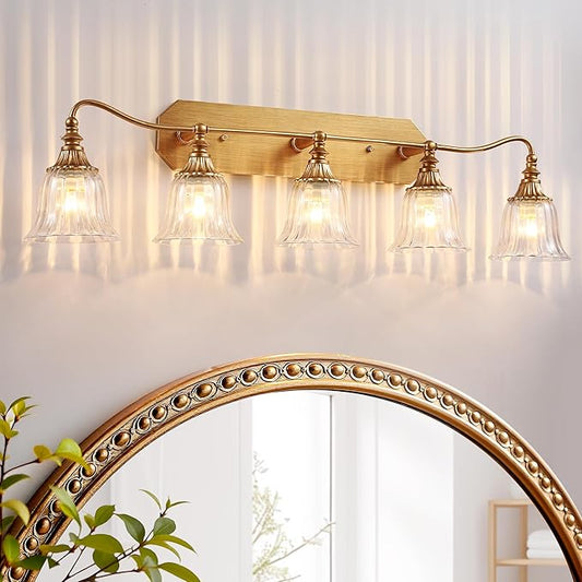 Bathroom Vanity Gold Light Fixture, 5 Lights Bathroom Lighting Matte Antique Brass Finish with Crystal Glass Shade, Gold Vintage Vanity Light for Bathrooms