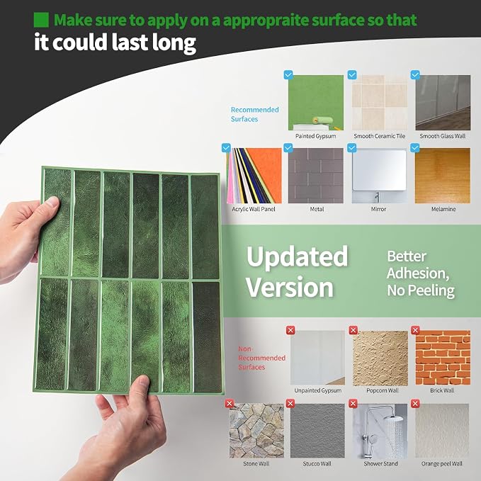 LONGKING 10-Sheet Green Peel and Stick Backsplash Tiles for Kitchen Wall, Kitchen Backsplash Wall Tile, Waterproof Back Splash Stick on Tiles for Bathroom | Peel and stick backsplash, self-adhesive wall tile, Green, waterproof, kitchen bathroom wall, 1...