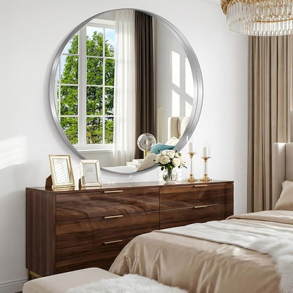 Silver Round Mirror 36 inch Deep Frame Circle Mirror, Metal Framed Bathroom Mirror, Round Vanity Mirror, Circle Mirrors for Wall Entryway Bedroom Living Room Hallway