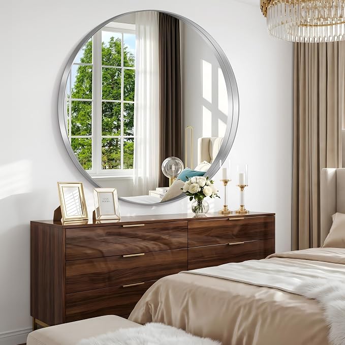 Silver Round Mirror 42 inch Deep Frame Circle Mirror, Metal Framed Bathroom Mirror, Round Vanity Mirror, Circle Mirrors for Wall Entryway Bedroom Living Room Hallway