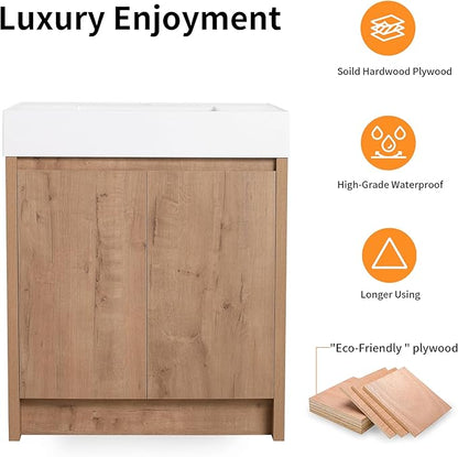30'' Freestanding Bathroom Vanity, 30 Inch Floor Stand Bathroom Vanity with Sink, Single Resin Sink Cabinet Set, Modern Storage Cabinet, with Soft Closing Door, 03630IMO+30120MMO