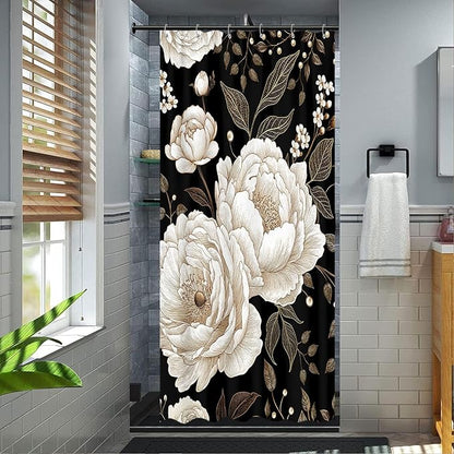 Black and Gold Stall Shower Curtain, Dark Roses Leaves Botanical Aesthetic Boho Floral Small Shower Curtain for Bathroom with Hook, Vintage Rose Gold Flowers Fabric Unique Chic Shower Curtain 36X72