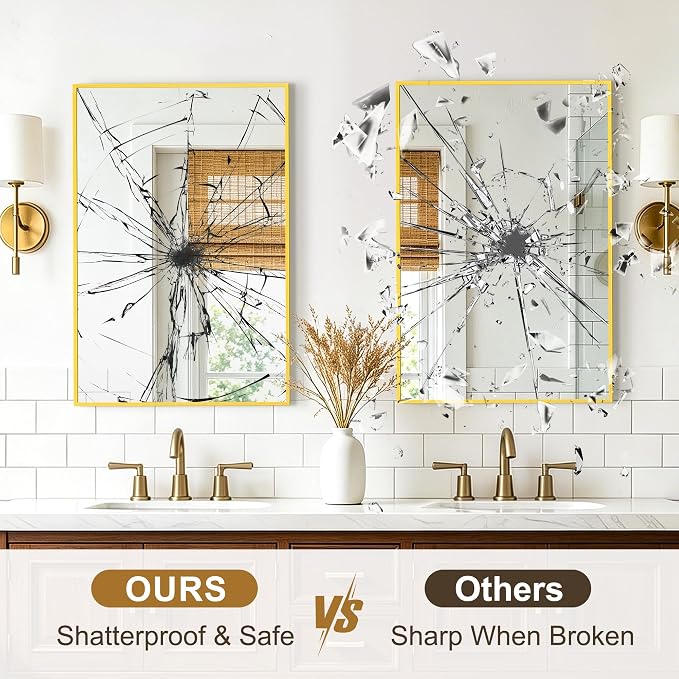 Rectangular Bathroom Mirror, 30"x20" Gold Metal Framed Vanity Mirror | HD Shatterproof Wall Mirror, Horizontal or Vertical Hanging, Easy Installation for Bathroom, Bedroom, Living Room, Entryway