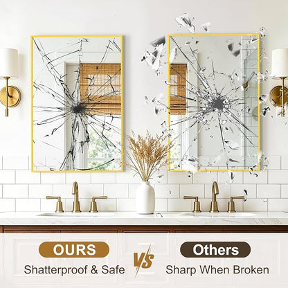 Rectangular Bathroom Mirror, 30"x20" Gold Metal Framed Vanity Mirror | HD Shatterproof Wall Mirror, Horizontal or Vertical Hanging, Easy Installation for Bathroom, Bedroom, Living Room, Entryway