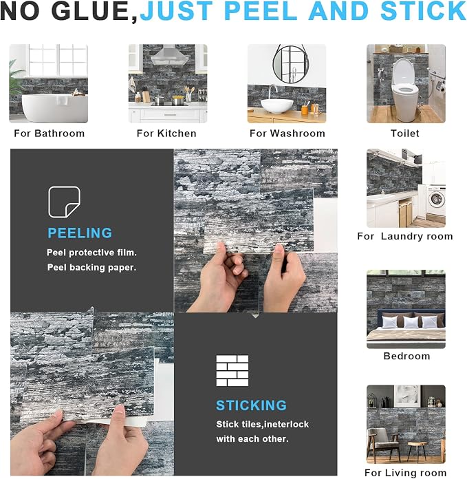 URCOLOR 32-Piece Peel and Stick Backsplash Wall Tile, 4"x 8" PVC Distressed Rustic Gray Blue Wood Stick on Tiles for Kitchen, Bathroom, Laundry Room, Camper, Fireplace
