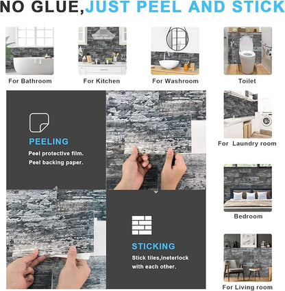 URCOLOR 32-Piece Peel and Stick Backsplash Wall Tile, 4"x 8" PVC Distressed Rustic Gray Blue Wood Stick on Tiles for Kitchen, Bathroom, Laundry Room, Camper, Fireplace