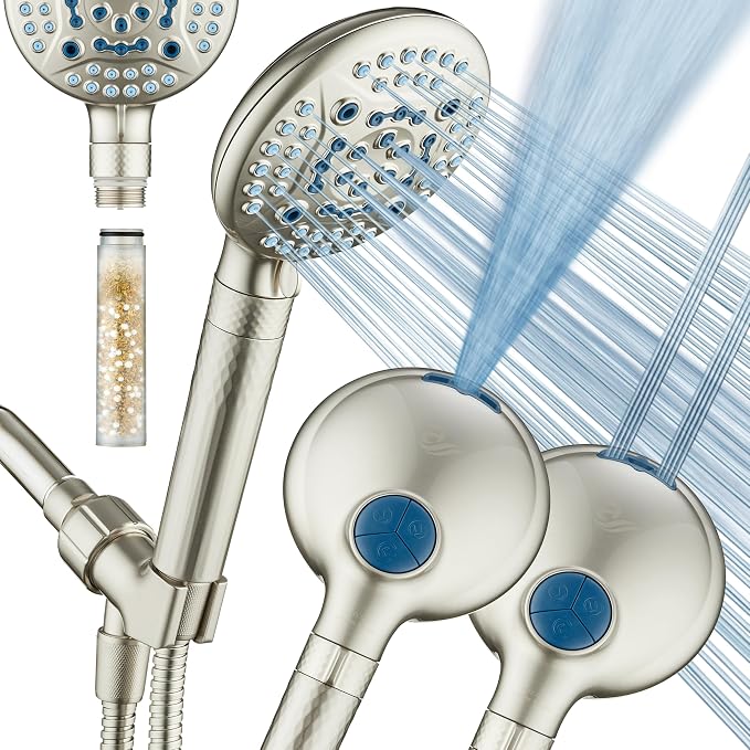 AquaCare 4X 10-Mode High Pressure Hand Shower w/Filter & 2-mode Power Wash | Filters Chlorine & Toxins, Softens Hard Water for Healthy Skin & Hair. Handheld Power Head Cleans Tub, Tile & Pets / Nickel